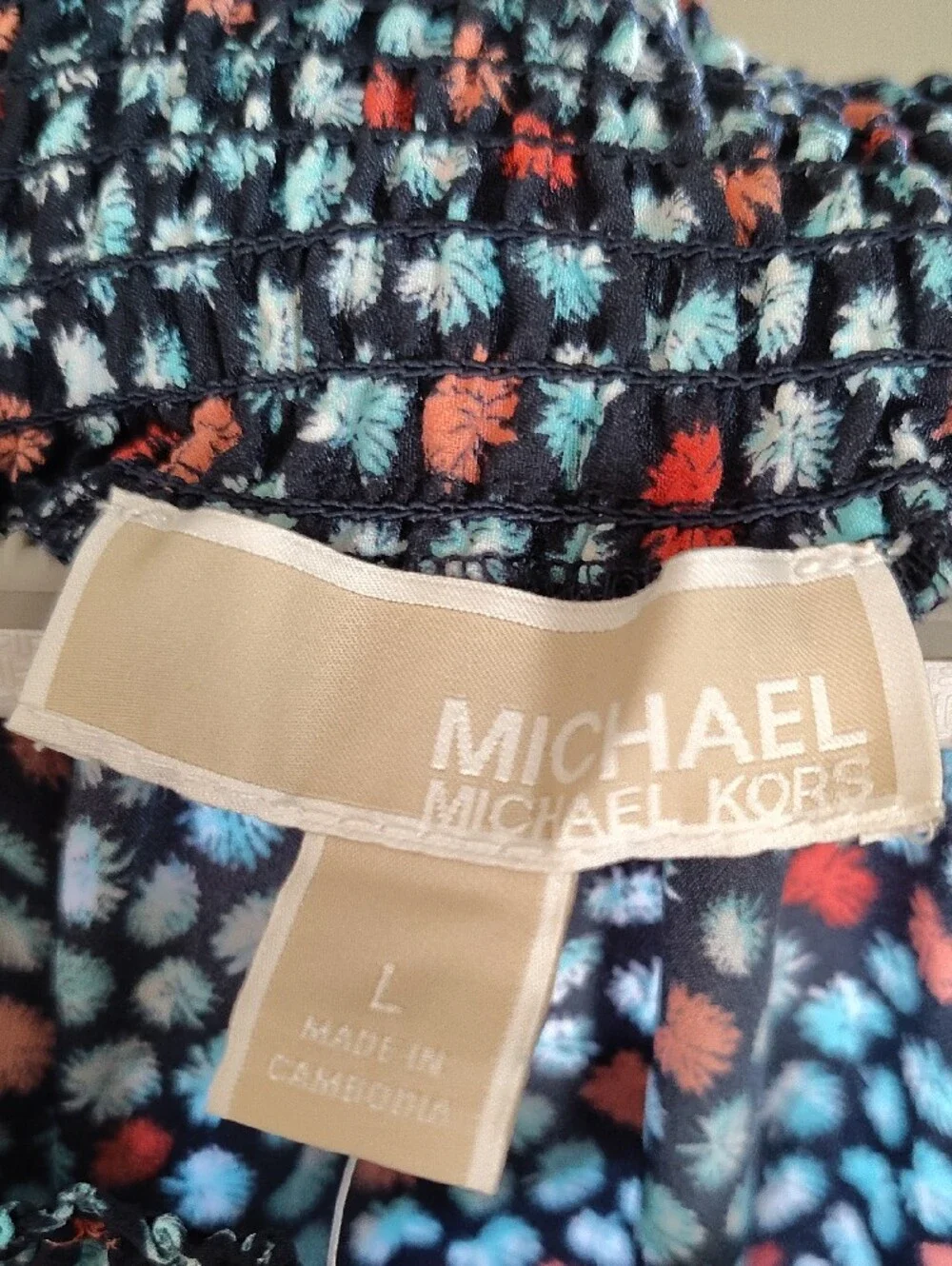 Michael Kors Navy Floral Smocked Waist Long Sleeve Dress